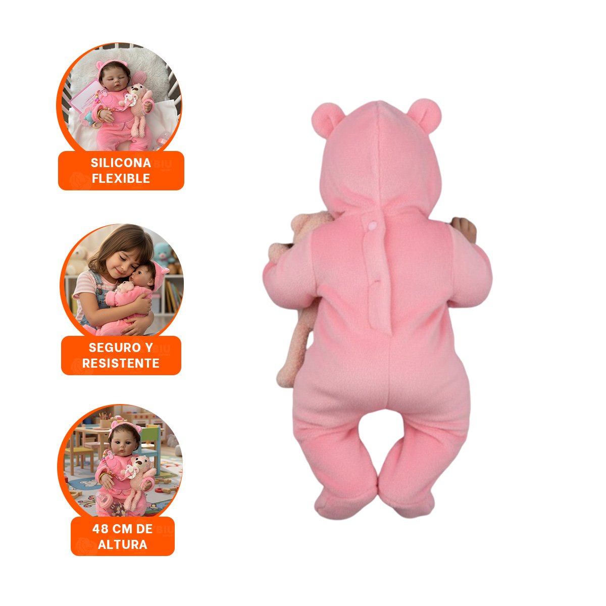 MUÑECA REALISTA 48CM CON PIJAMA ENTERIZO Y GORRO ROSADO PARA SU COLECCION - 3