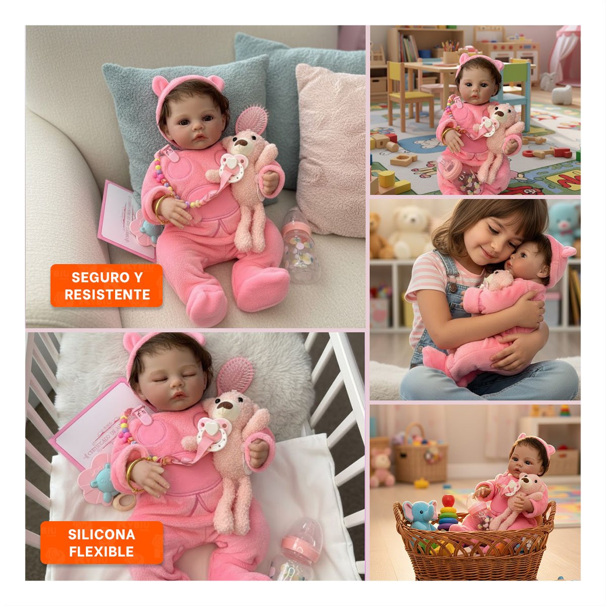 MUÑECA REALISTA 48CM CON PIJAMA ENTERIZO Y GORRO ROSADO PARA SU COLECCION - 5