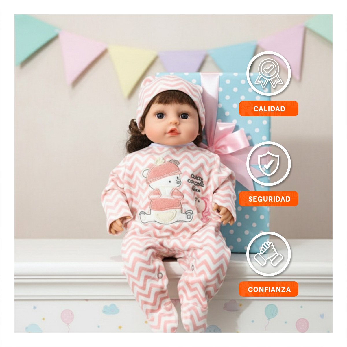 MUÑECA REALISTA 45CM CON ENTERIZO ZIGZAG Y GORRO ROSADO CALIDAD EN CASA Y+PAPEL REGALO - 3