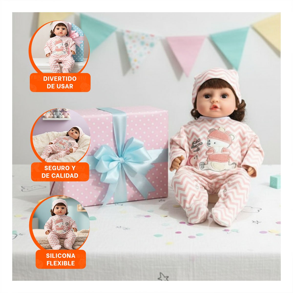 MUÑECA REALISTA 45CM CON ENTERIZO ZIGZAG Y GORRO ROSADO CALIDAD EN CASA Y+PAPEL REGALO - 5