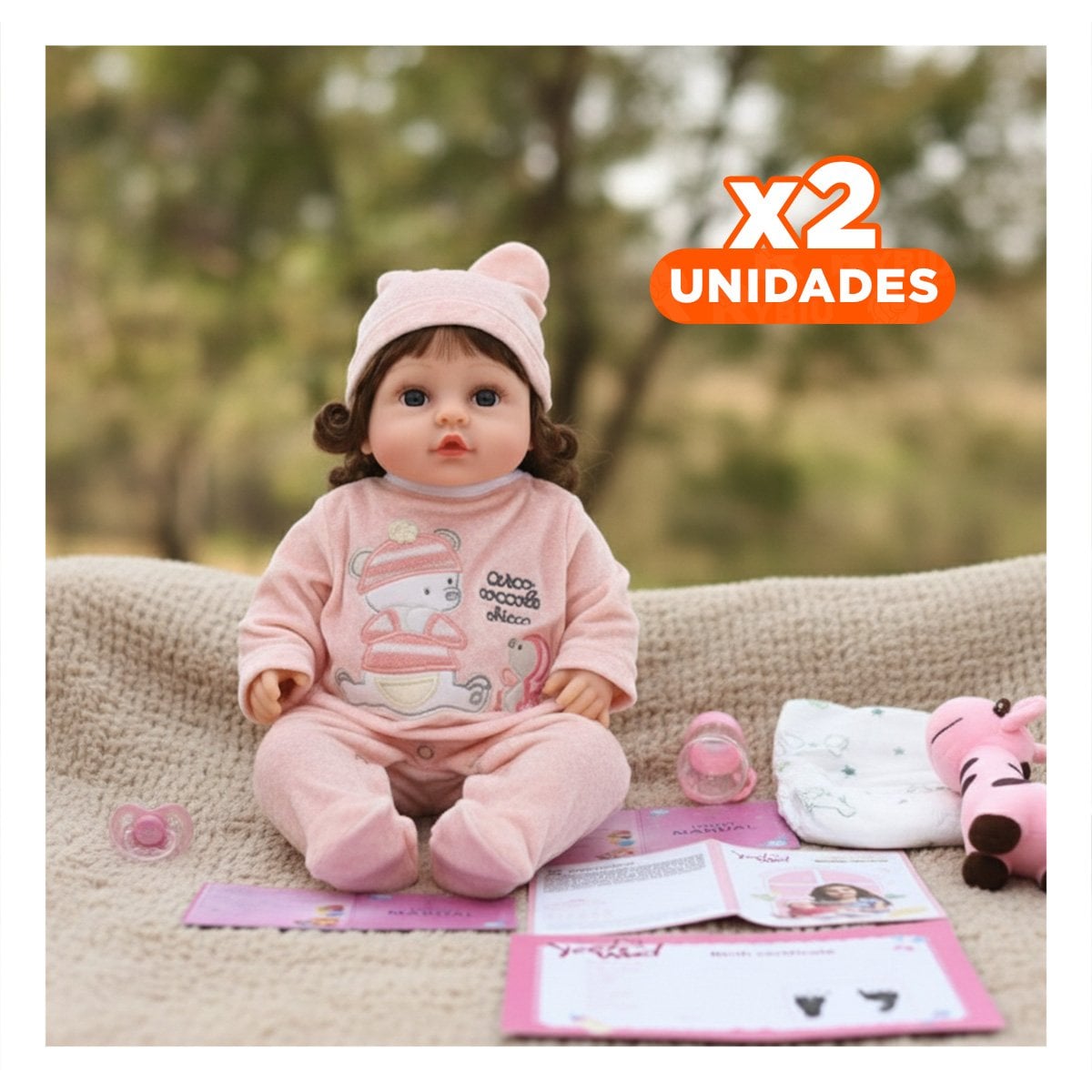 PACK2 JUGUETE BEBE YESSY CON ENTERIZO OSITO ROSADO Y GORRO SUAVE Y+REGALO STICKER - 1
