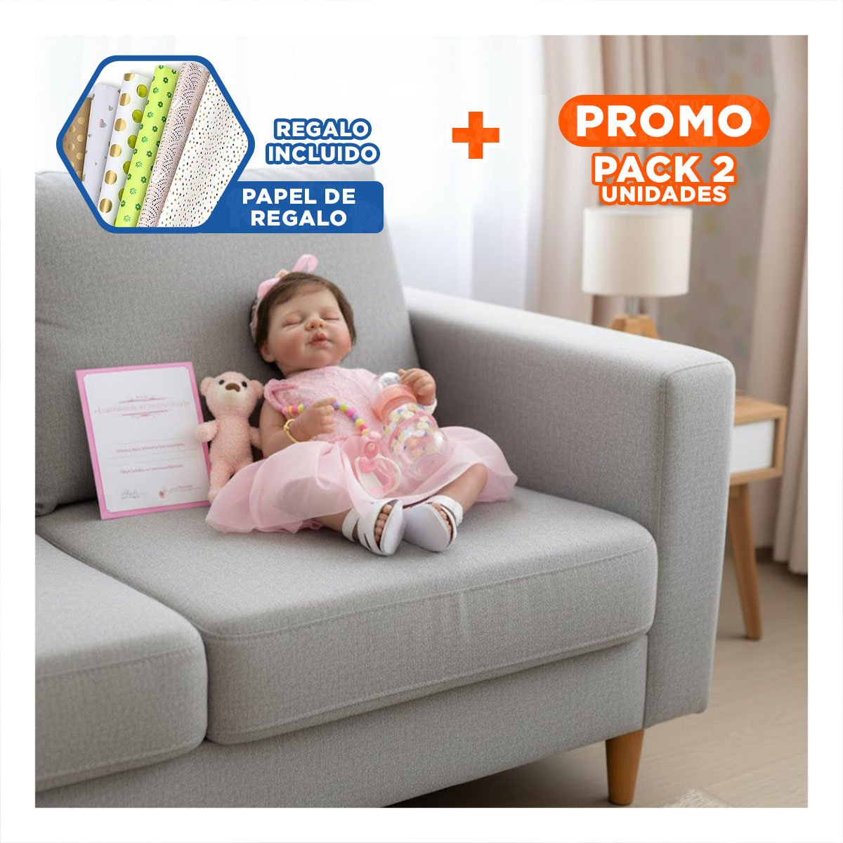PACK2 PEQUEÑA COMPAÑERA 48CM CON VESTIDO TULL Y VINCHA ROSADO PARA LOS PADRES Y+PAPEL REGALO - 1