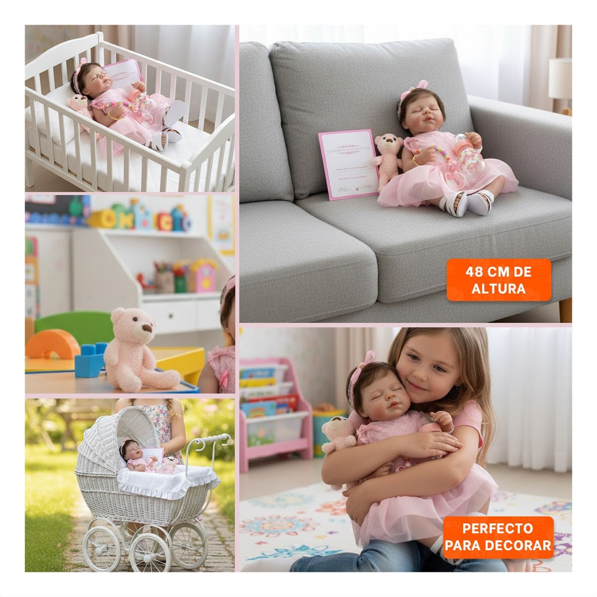 PACK2 PEQUEÑA COMPAÑERA 48CM CON VESTIDO TULL Y VINCHA ROSADO PARA LOS PADRES Y+PAPEL REGALO - 3