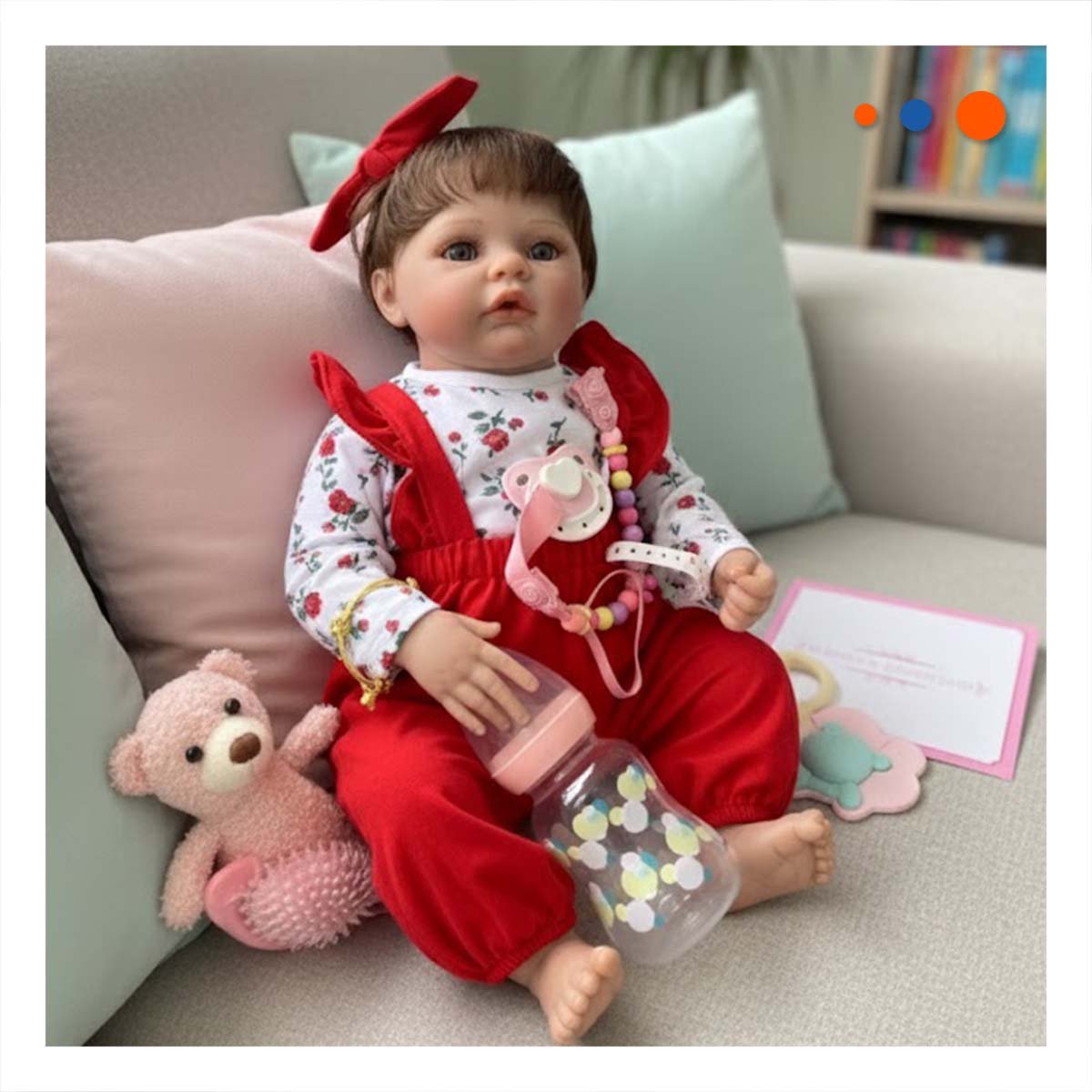 MUÑECA REALISTA CON POLO FLORES Y LAZO ROJO CON DETALLES REALES EN SU CASA - 2