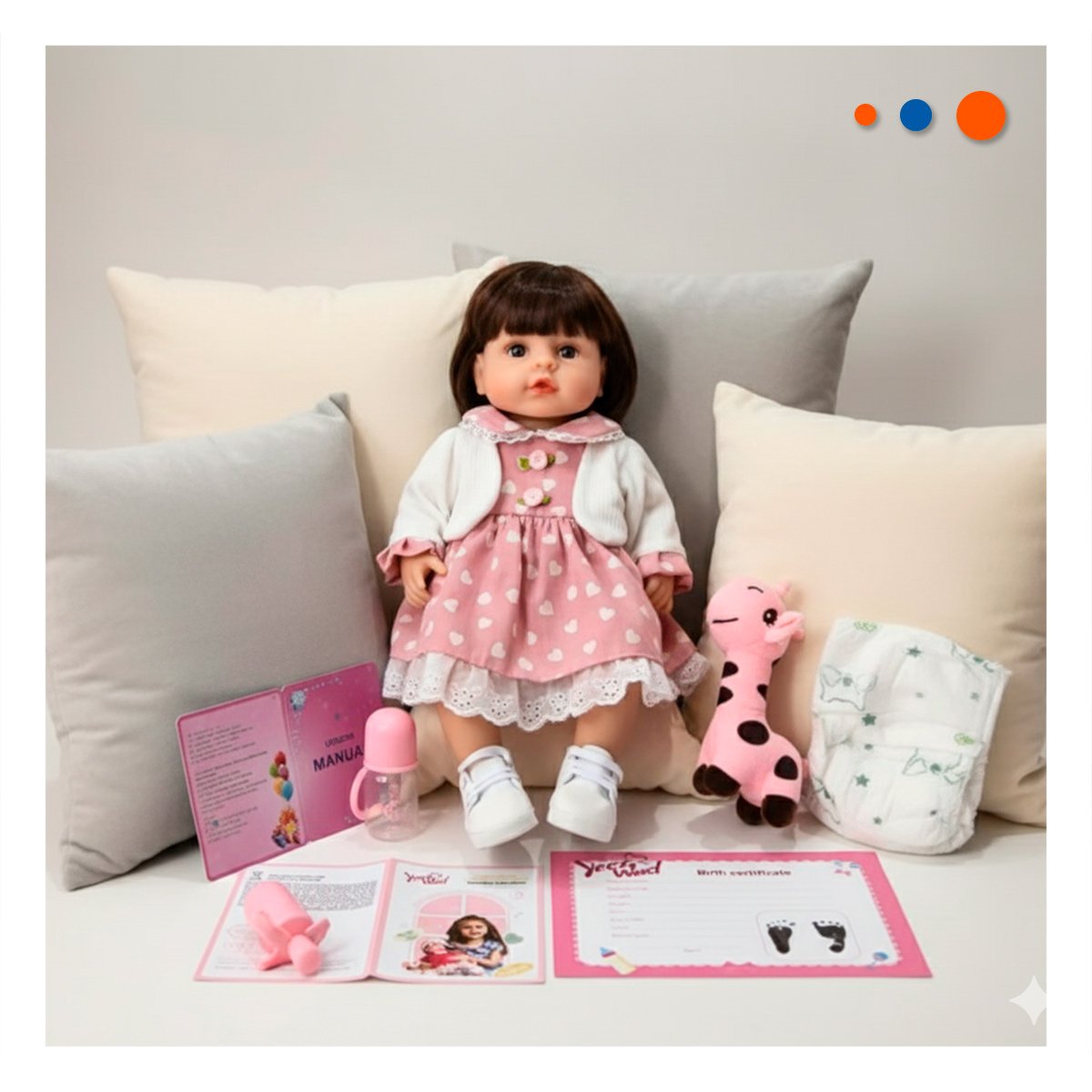 MUÑECA REALISTA CON VESTIDO CORAZONES Y CHOMPA ROSADO PARA SU COLECCION - 2