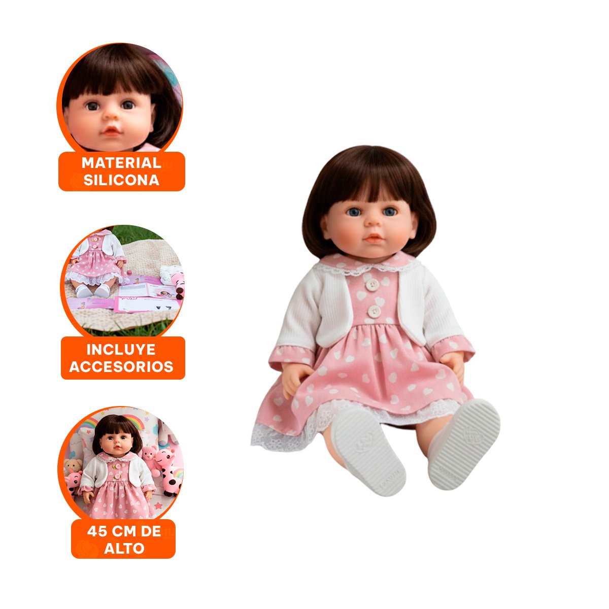 MUÑECA REALISTA CON VESTIDO CORAZONES Y CHOMPA ROSADO PARA SU COLECCION - 3