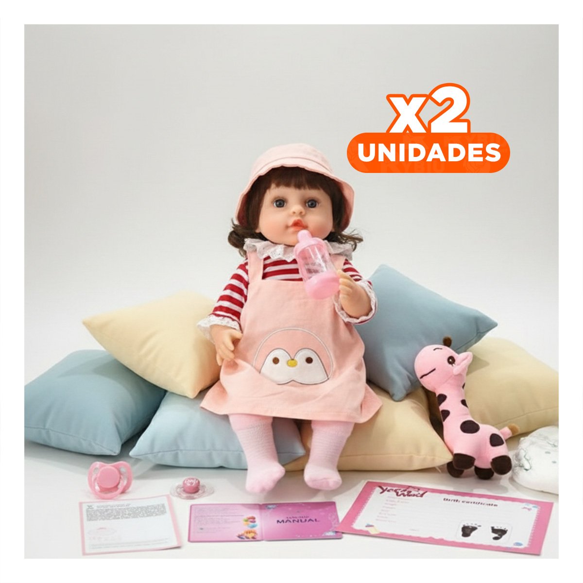 PACK2 ROPA ROSADA OVEROL CON SOMBRERO Y POLO RAYAS PARA MUNECA 45CM Y+REGALO STICKER - 1