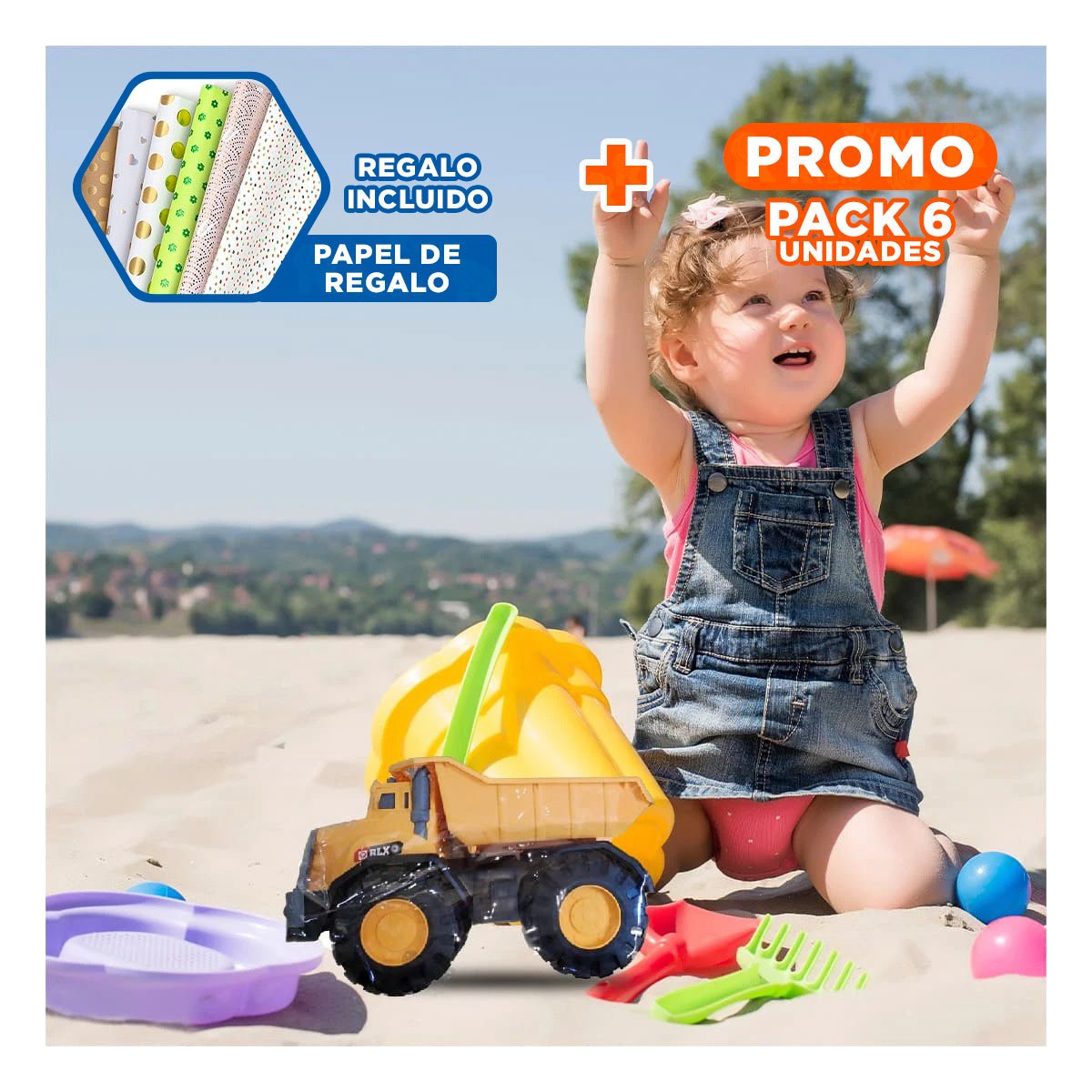 PACK6 CARGA VOLQUETE AMARILLO DE JUGUETE EN BOLSA PARA CONSTRUCCION Y+PAPEL REGALO - 1