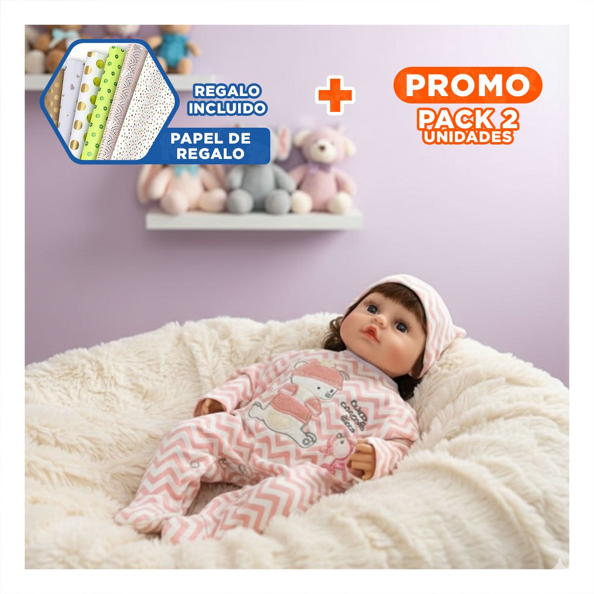 PACK2 PEQUEÑA COMPAÑERA 45CM CON ENTERIZO ZIGZAG Y GORRO ROSADO PARA PADRES Y+PAPEL REGALO - 1