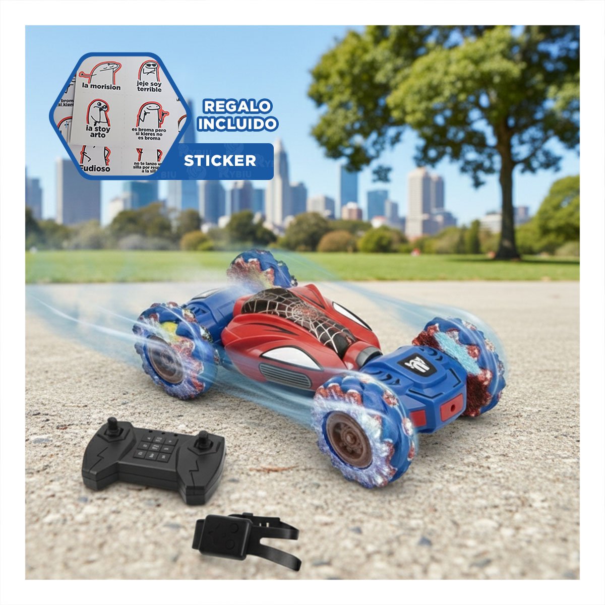 COCHE CON RELOJ CONTROL Y CONTROL REMOTO PARA MANIOBRAS TELARAÑA AZUL Y ROJO Y+REGALO STICKER - 1