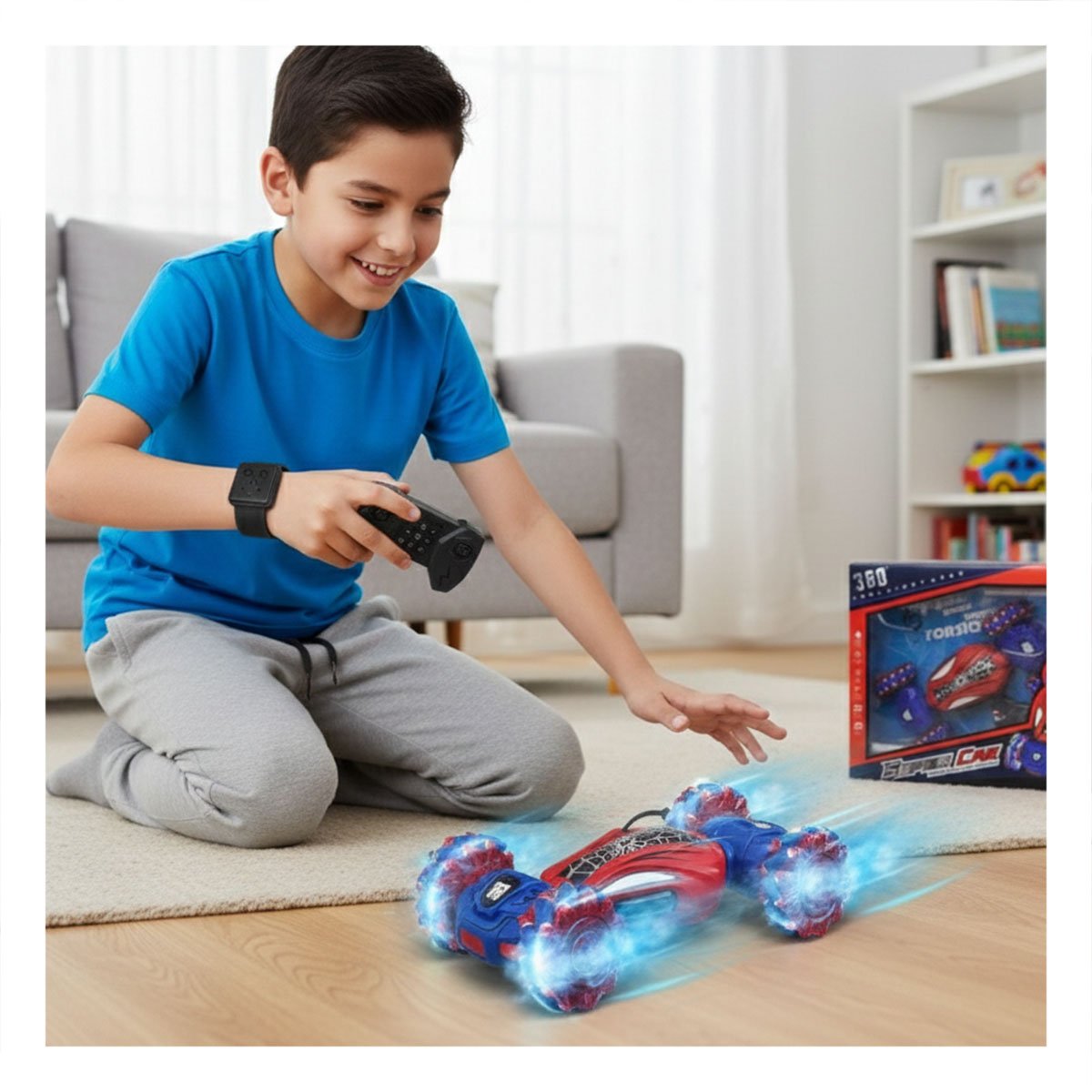 COCHE CON RELOJ CONTROL Y CONTROL REMOTO PARA MANIOBRAS TELARAÑA AZUL Y ROJO Y+REGALO STICKER - 2