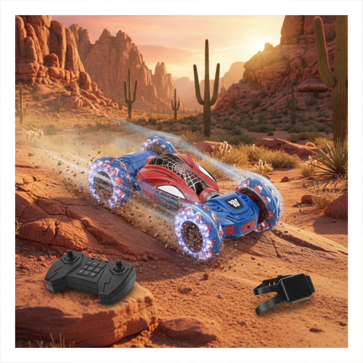 COCHE CON RELOJ CONTROL Y CONTROL REMOTO PARA MANIOBRAS TELARAÑA AZUL Y ROJO Y+REGALO STICKER - 5