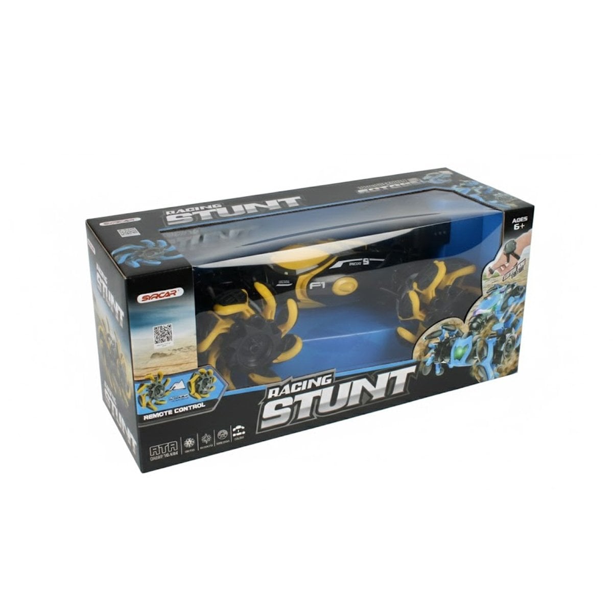 CARRO ACROBATICO PARA JUEGOS DE VELOCIDAD CON CONTROL REMOTO Y RELOJ EN AMARILLO Y+PAPEL REGALO - 1
