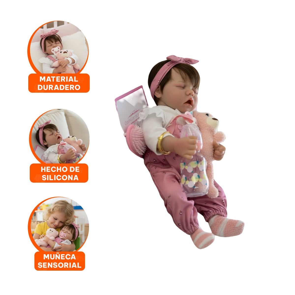MUÑECA REALISTA 48CM CON PANTALON FLORCITAS Y LAZO ROSADO DETALLES REALES - 3