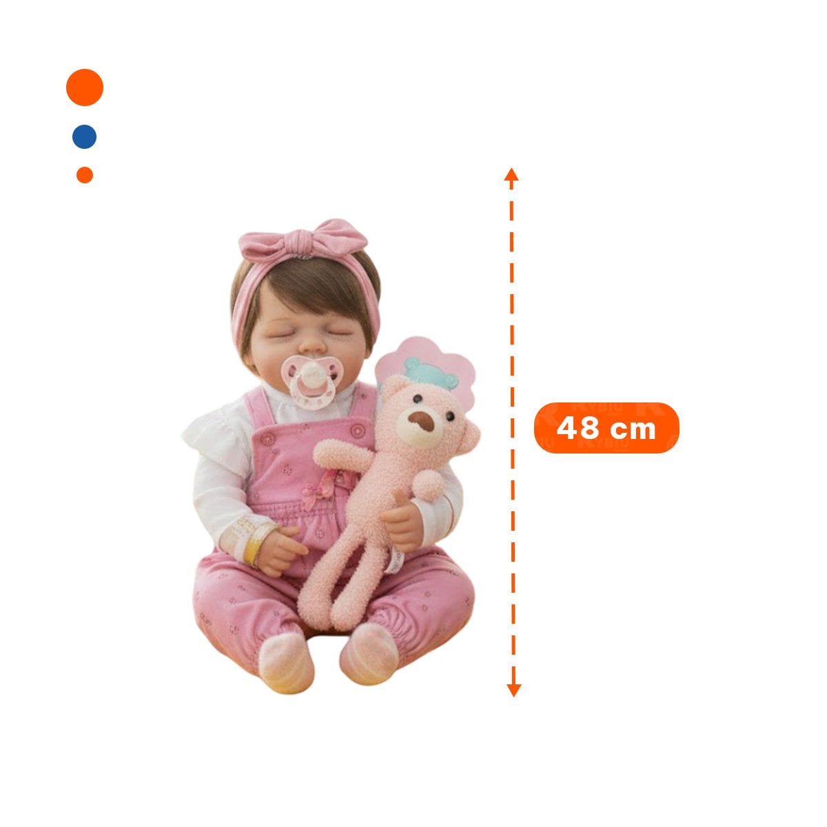 MUÑECA REALISTA 48CM CON PANTALON FLORCITAS Y LAZO ROSADO DETALLES REALES - 4