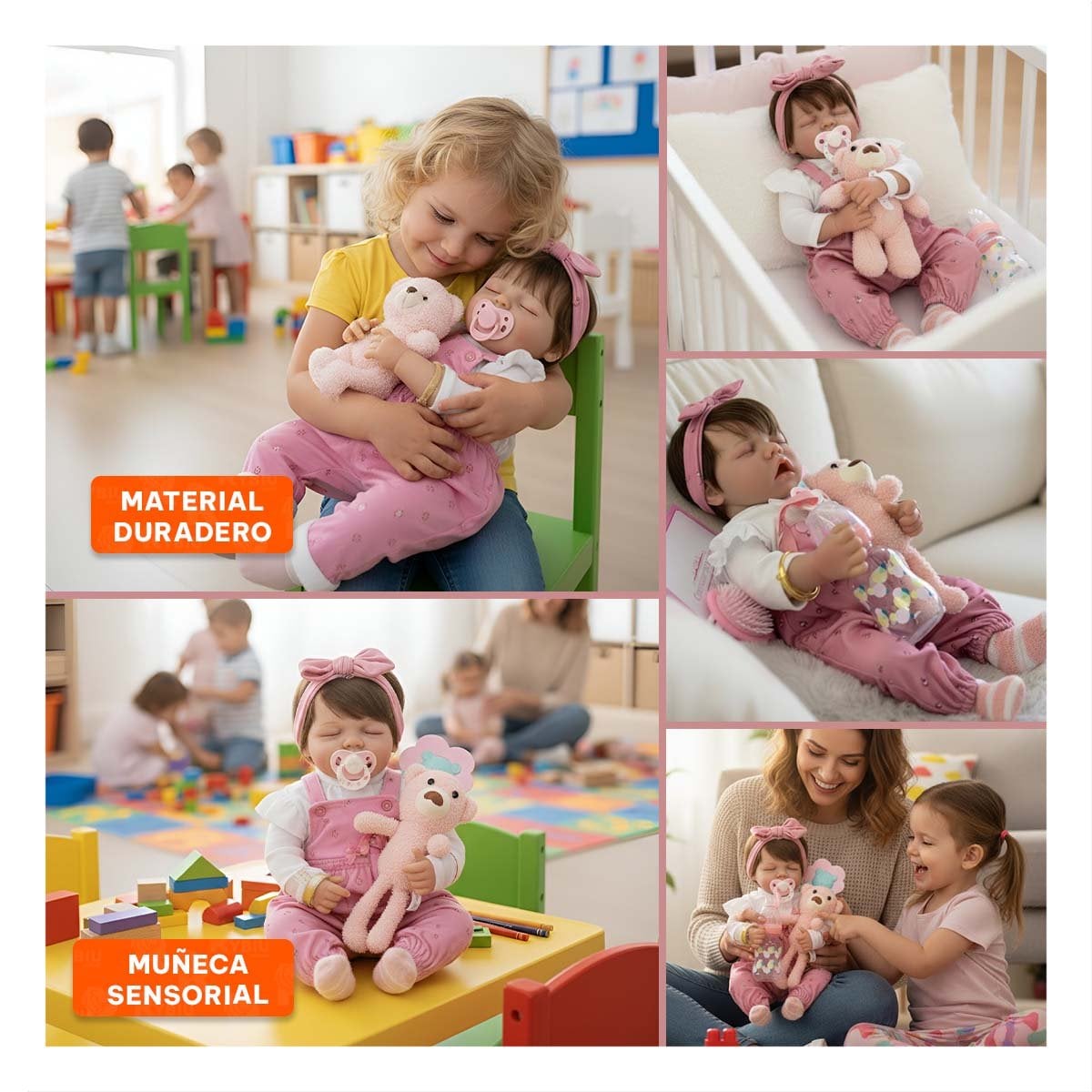 MUÑECA REALISTA 48CM CON PANTALON FLORCITAS Y LAZO ROSADO DETALLES REALES - 5