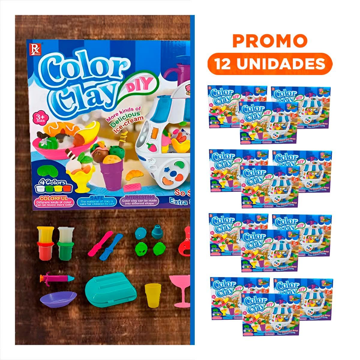 PACK12 CAMION DE HELADOS MOVIL CON PLASTILINA AZUL Y BLANCO PARA CREAR POSTRES Y+REGALO STICKER - 1