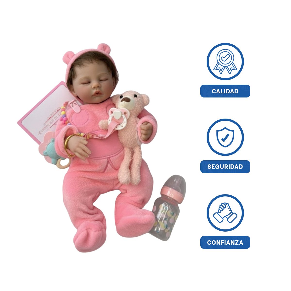 PEQUEÑA COMPAÑERA 48CM CON PIJAMA ENTERIZO Y GORRO ROSADO FELICIDAD HIJOS Y+LIGAS REGALO - 3