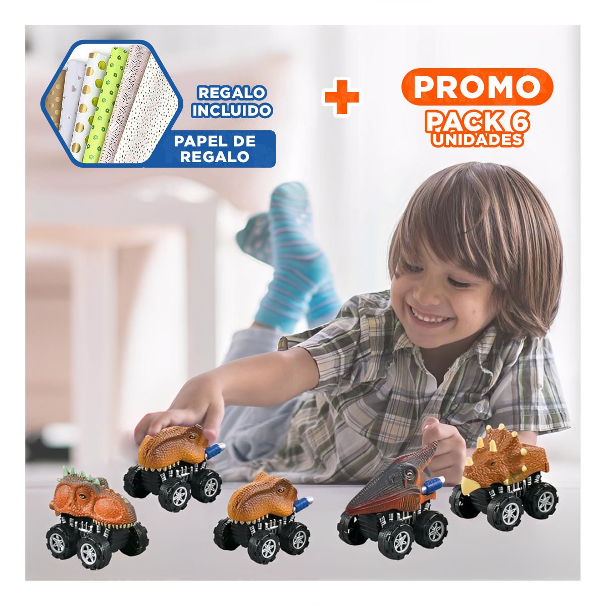 PACK6 KIT INFANTIL DINO SET 4 Y 2 CARRO Y MOTO PARA APRENDIZAJE Y+PAPEL REGALO - 1