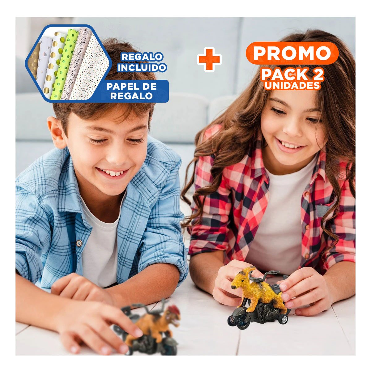 PACK2 MOTO DE PLASTICO DINO SET 2 PARA NIÑOS AVENTURAS EN CASA Y+PAPEL REGALO - 1