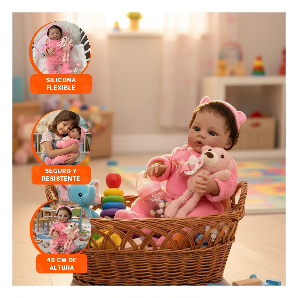 MUÑECA REALISTA 48CM CON PIJAMA ENTERIZO Y GORRO ROSADO DE CALIDAD EN CASA Y+PAPEL REGALO - 5