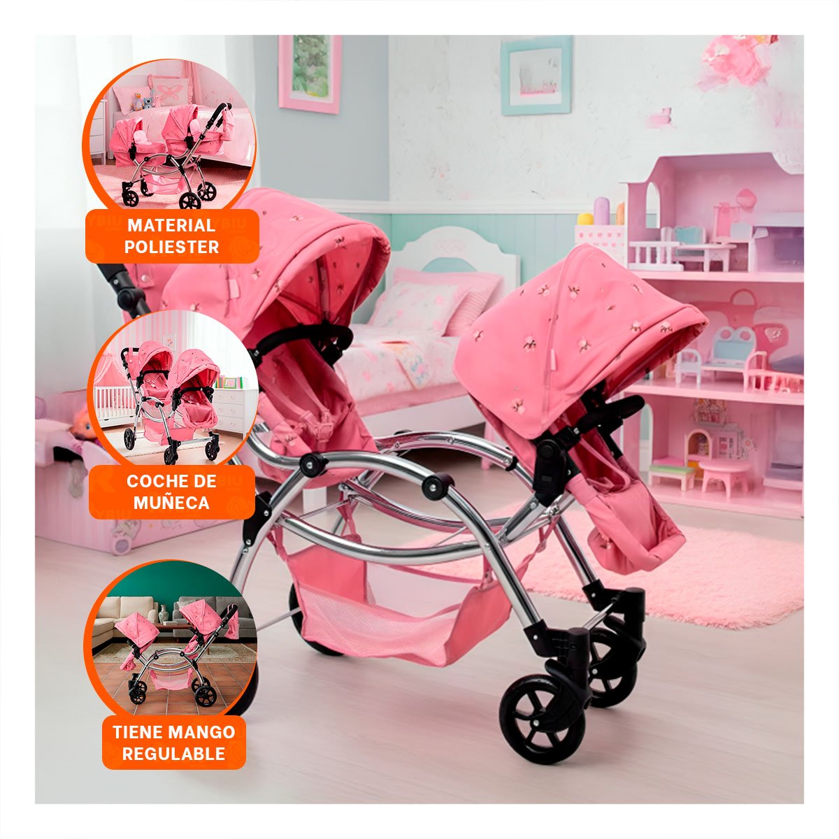 CARRO DE MUNECA GEMELAR ROSADO 46X96X88CM DISENO DOBLE INFANTIL Y+PAPEL REGALO - 5