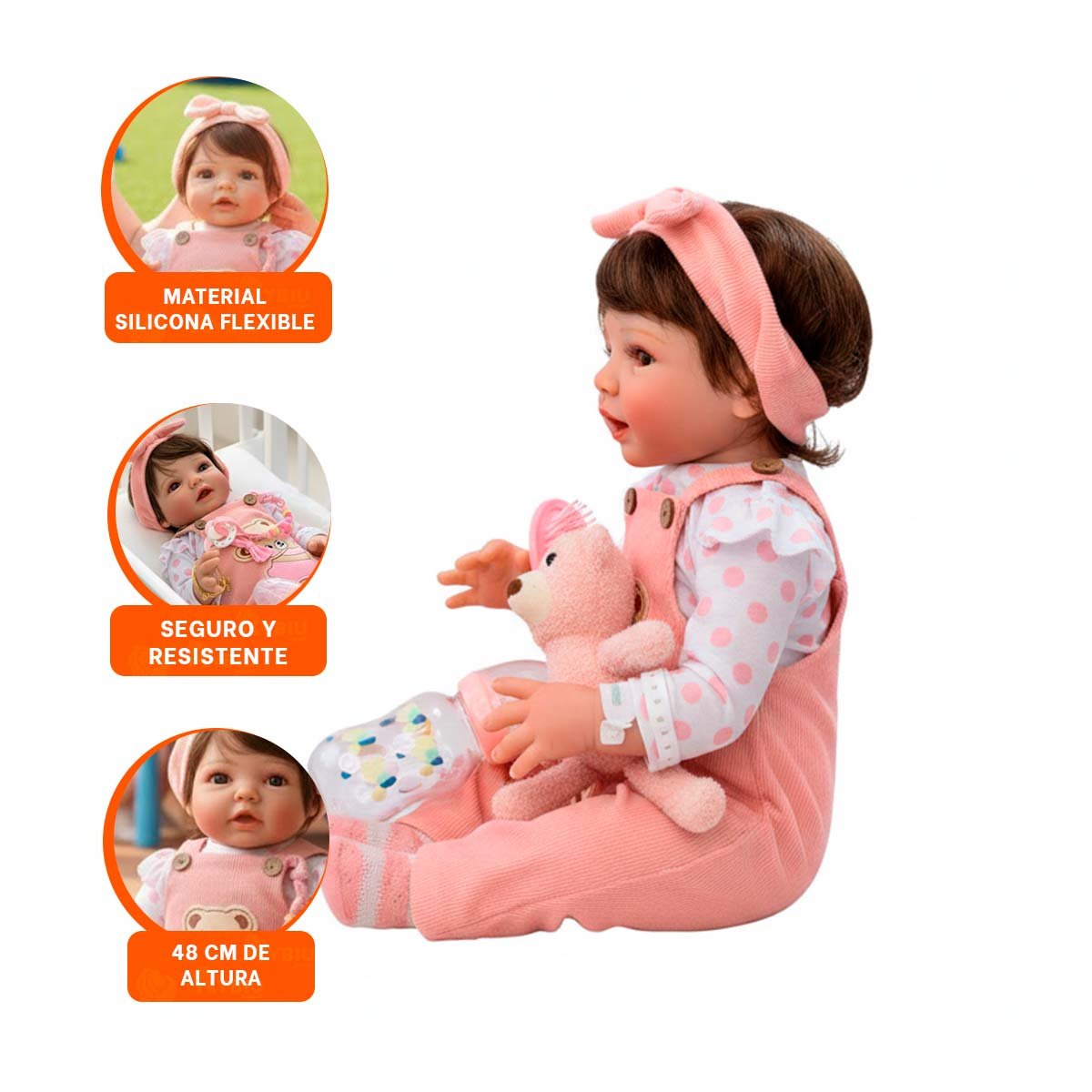 MUÑECA REALISTA 48CM CON OVEROL Y POLO PUNTOS ROSADO PARA SU COLECCION - 3