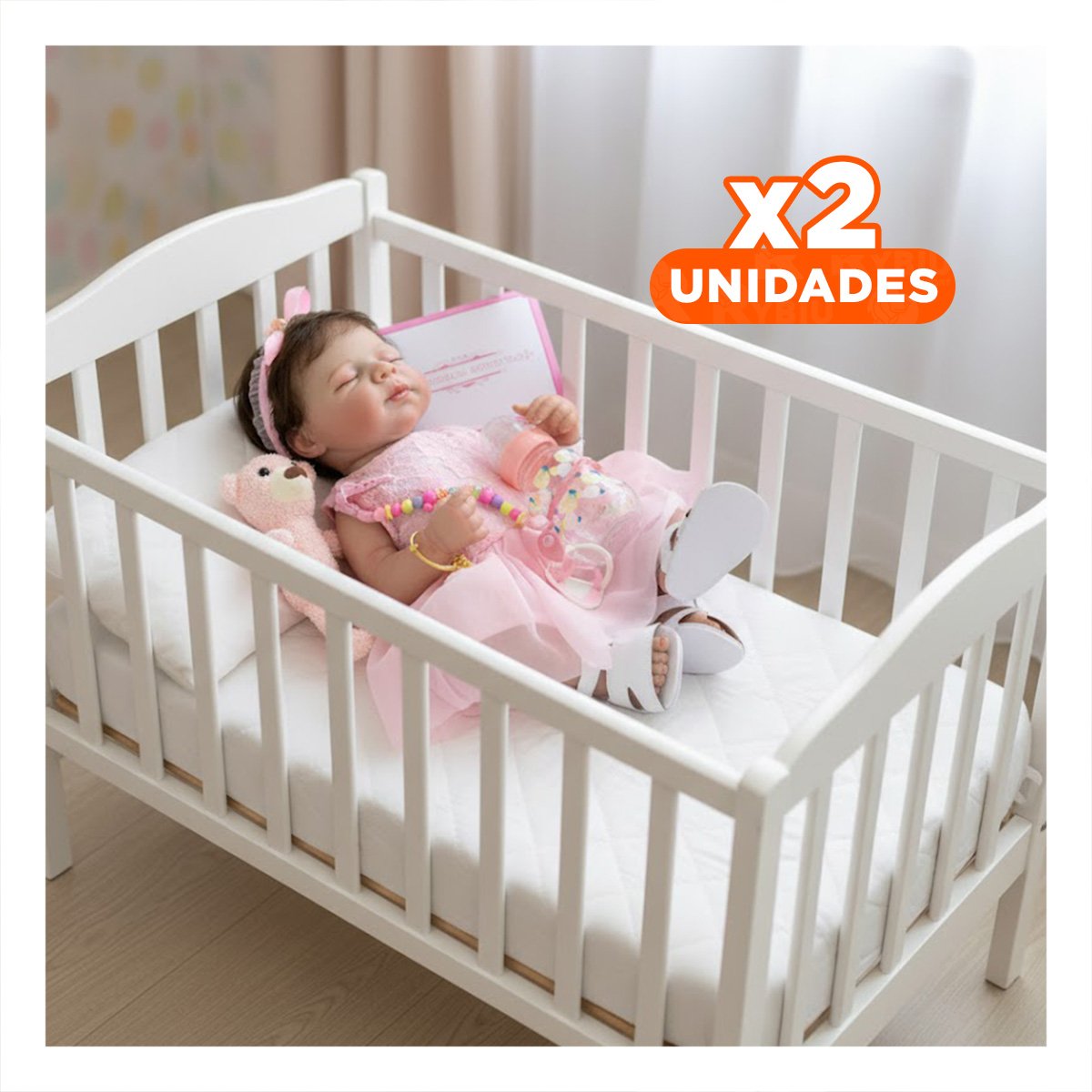 PACK2 RECIEN NACIDA SINTETICA 48CM CON VESTIDO TULL Y VINCHA ROSADO EN SU CASA Y+REGALO STICKER - 1
