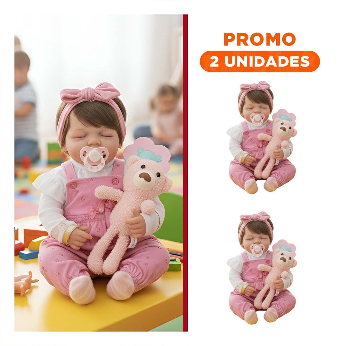 PACK2 PEQUEÑA COMPAÑERA 48CM CON PANTALON FLORCITAS Y LAZO ROSADO PARA RECREO SANO - 1