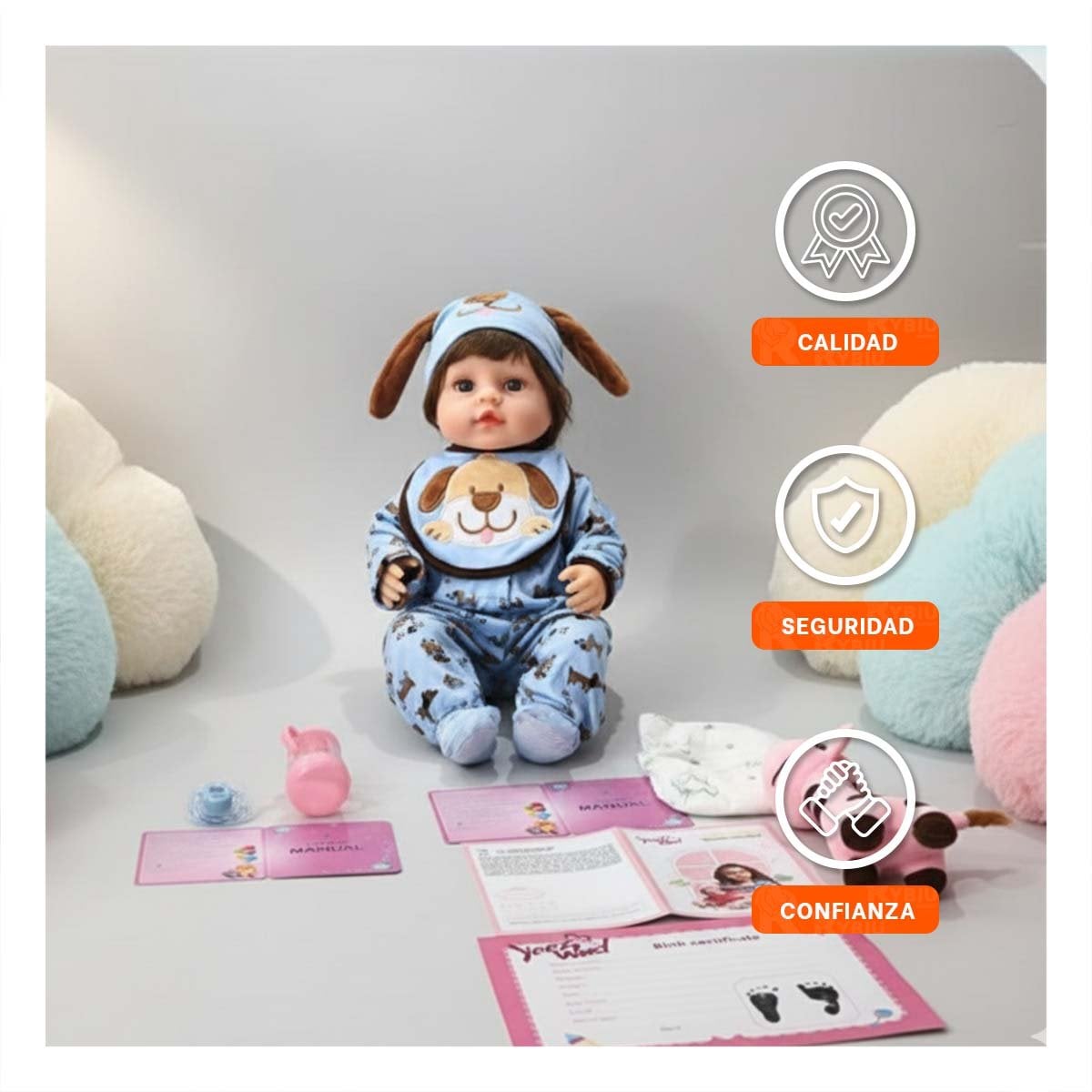 ROPA BEBE CELESTE SUAVE CON BABERO GORRO PERRO Y DETALLE CORAZONES Y+LIGAS REGALO - 2