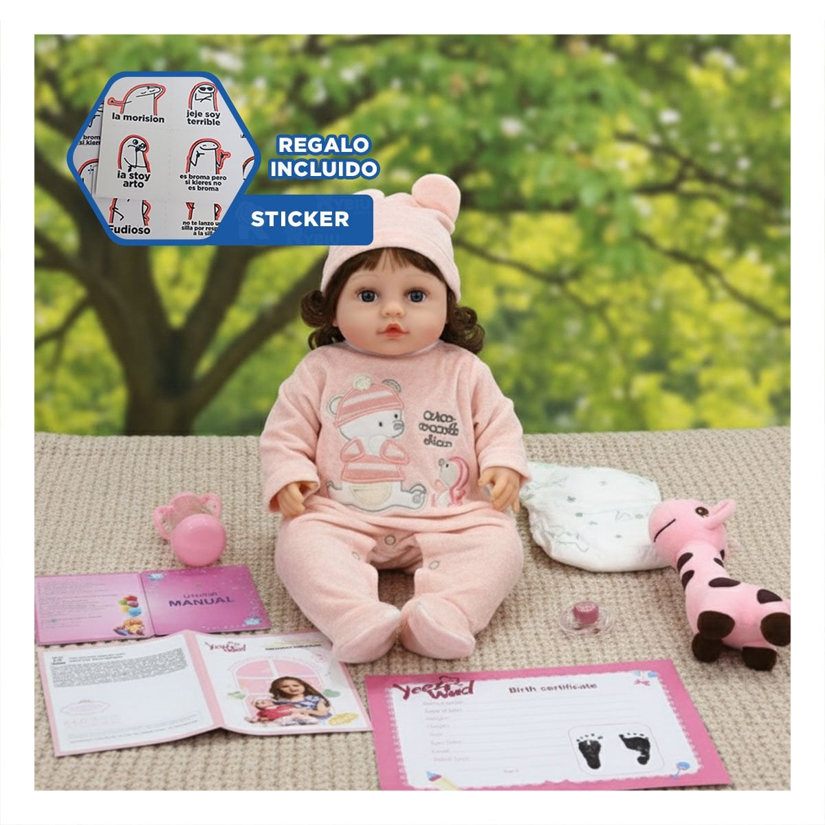 BEBE MUNECA YESSY CON ENTERIZO OSITO ROSADO Y GORRO SUAVE 45CM Y+REGALO STICKER - 1