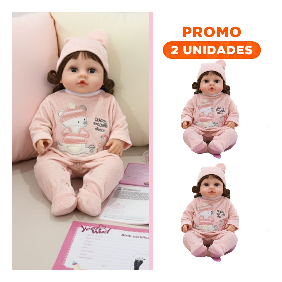PACK2 BEBE MUNECA YESSY CON ENTERIZO OSITO ROSADO Y GORRO PARA NINA - 1