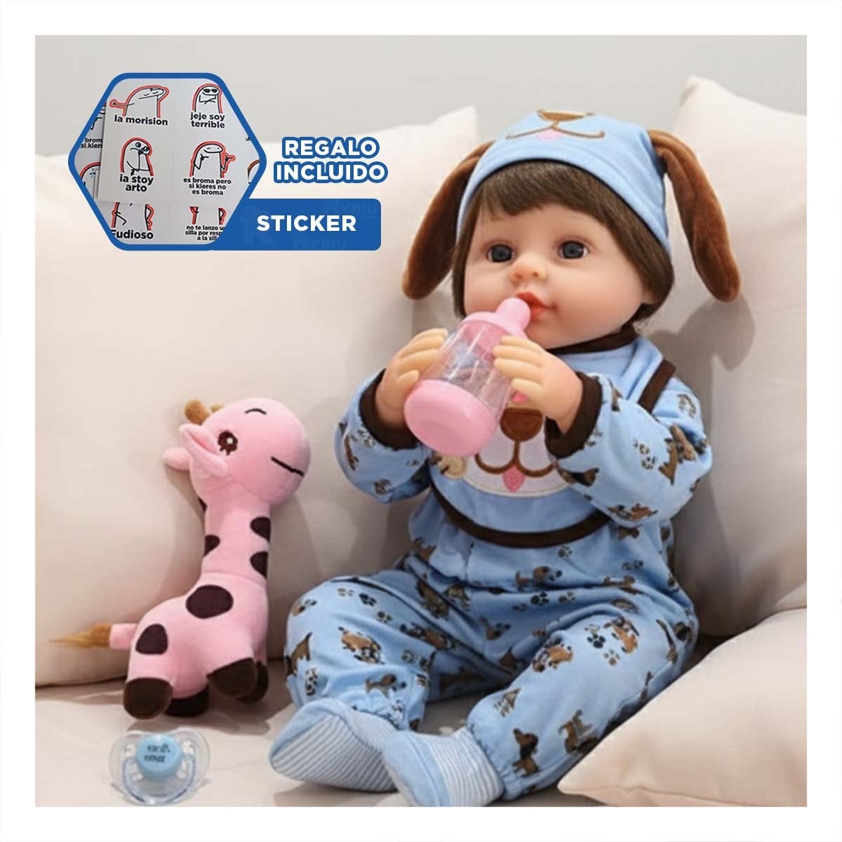 ROPA BEBE CELESTE CON GORRO PERRO BABERO Y ESTILO CORAZONES Y+REGALO STICKER - 1