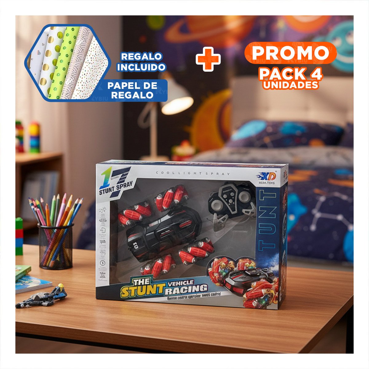 PACK4 JUGUETE CON RUEDAS GIRATORIAS Y CONTROL REMOTO PARA DIVERSION DINAMICA Y+PAPEL REGALO - 1