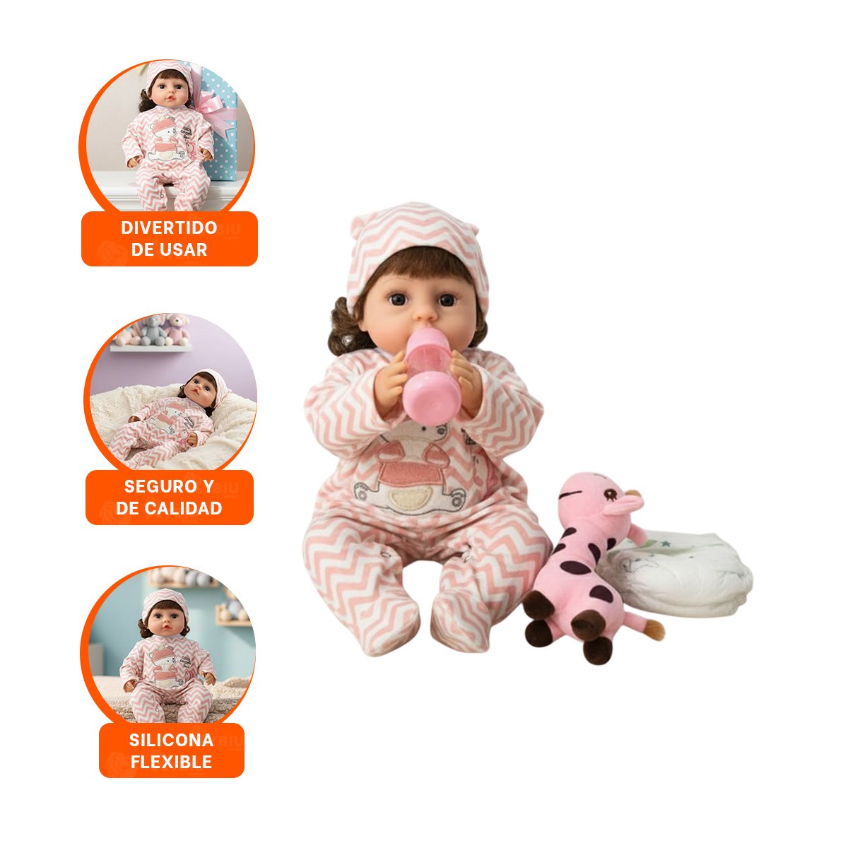 MUÑECA REALISTA 45CM CON ENTERIZO ZIGZAG Y GORRO ROSADO PARA COLECCION - 3