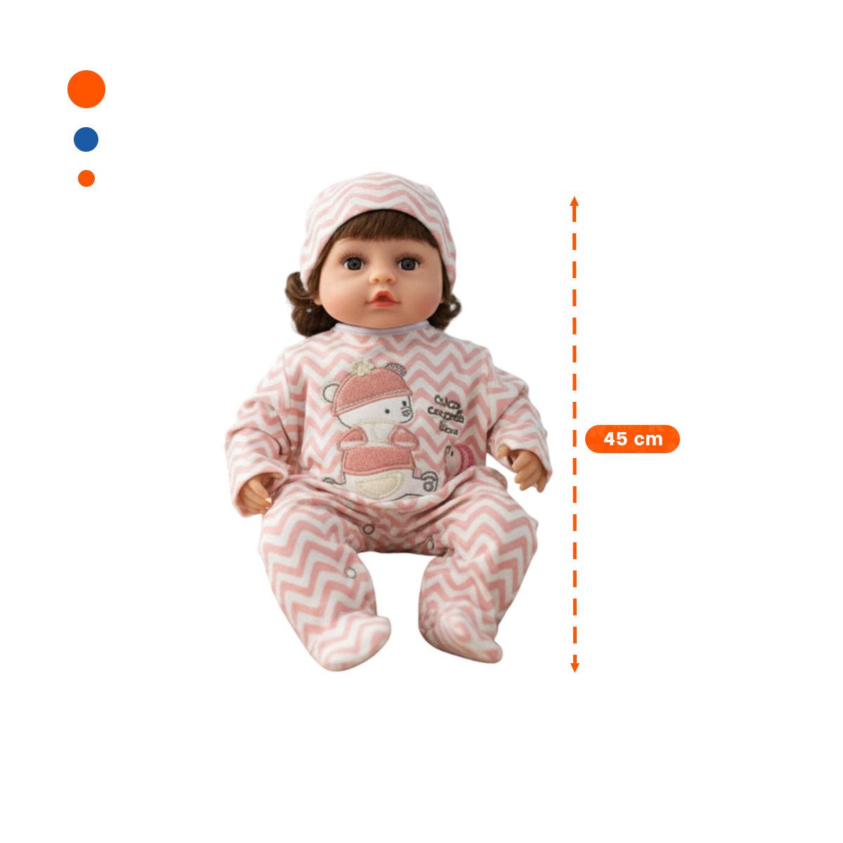 MUÑECA REALISTA 45CM CON ENTERIZO ZIGZAG Y GORRO ROSADO PARA COLECCION - 4