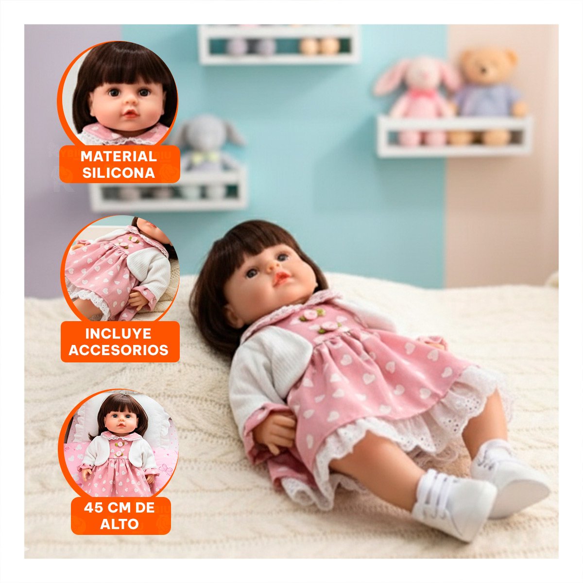 MUÑECA REALISTA CON VESTIDO CORAZONES Y CHOMPA ROSADO CALIDAD EN SU CASA Y+PAPEL REGALO - 5