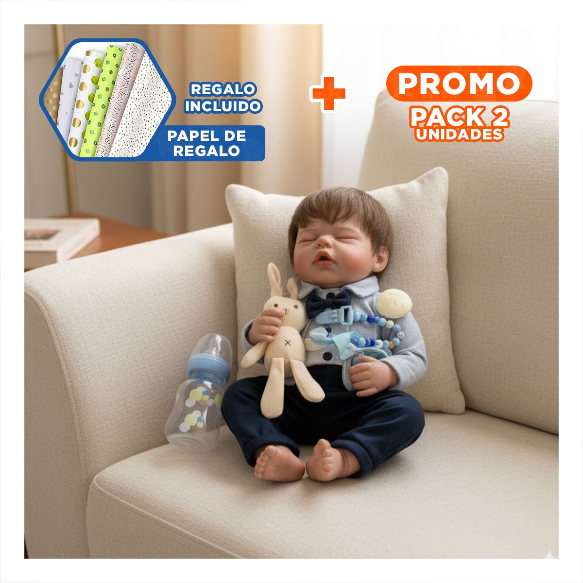 PACK2 PEQUEÑO COMPAÑERO 48CM CON ROPA FORMAL PLOMO Y AZUL NOCHE PARA PADRES Y+PAPEL REGALO - 1
