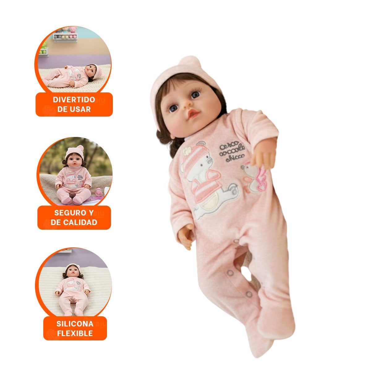 MUNECO BEBE YESSY CON ENTERIZO OSITO Y GORRO ROSADO PARA NINA - 3