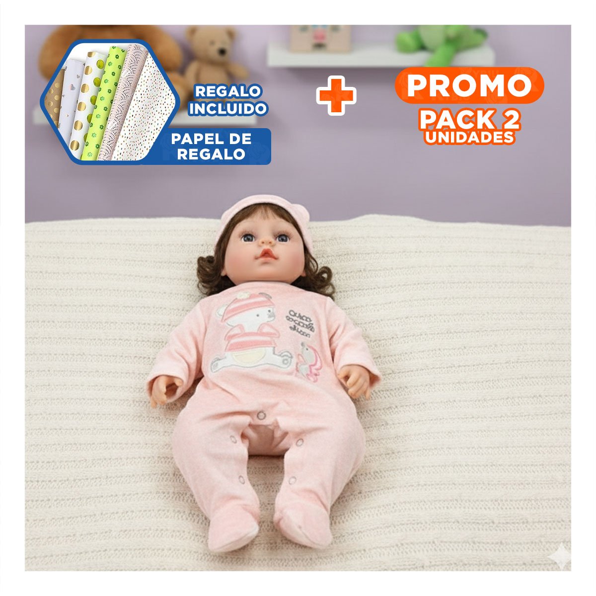 PACK2 BEBE MUNECA YESSY CON ENTERIZO OSITO ROSADO Y GORRO DE JUEGO Y+PAPEL REGALO - 1
