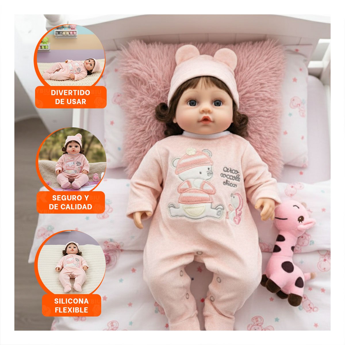 PACK2 BEBE MUNECA YESSY CON ENTERIZO OSITO ROSADO Y GORRO DE JUEGO Y+PAPEL REGALO - 5