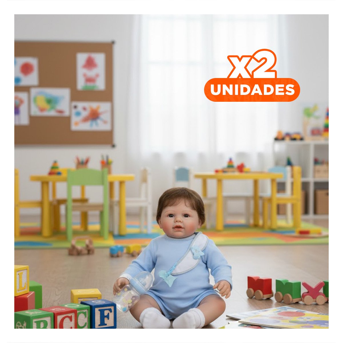 PACK2 RECIEN NACIDO SINTETICO 60CM CON PIJAMA Y BABERO CELESTE EN SU CASA REAL Y+REGALO STICKER - 1