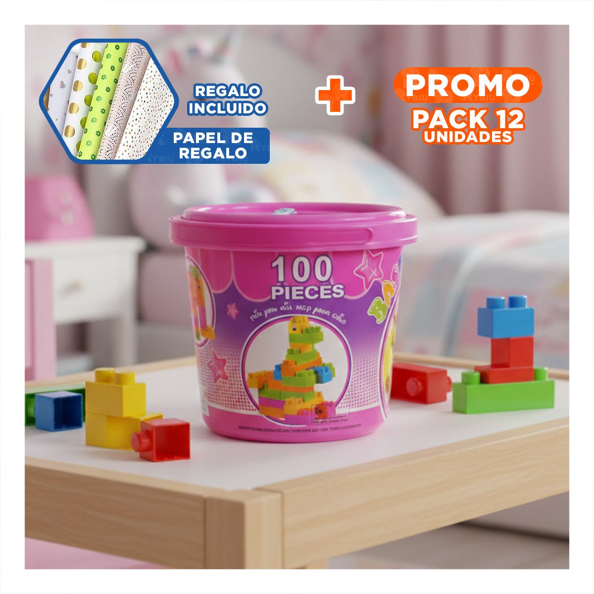 PACK12 JUGUETE DIDACTICO INFANTIL 100 PIEZAS MULTICOLOR ROSADO EN BALDE Y+PAPEL REGALO - 1