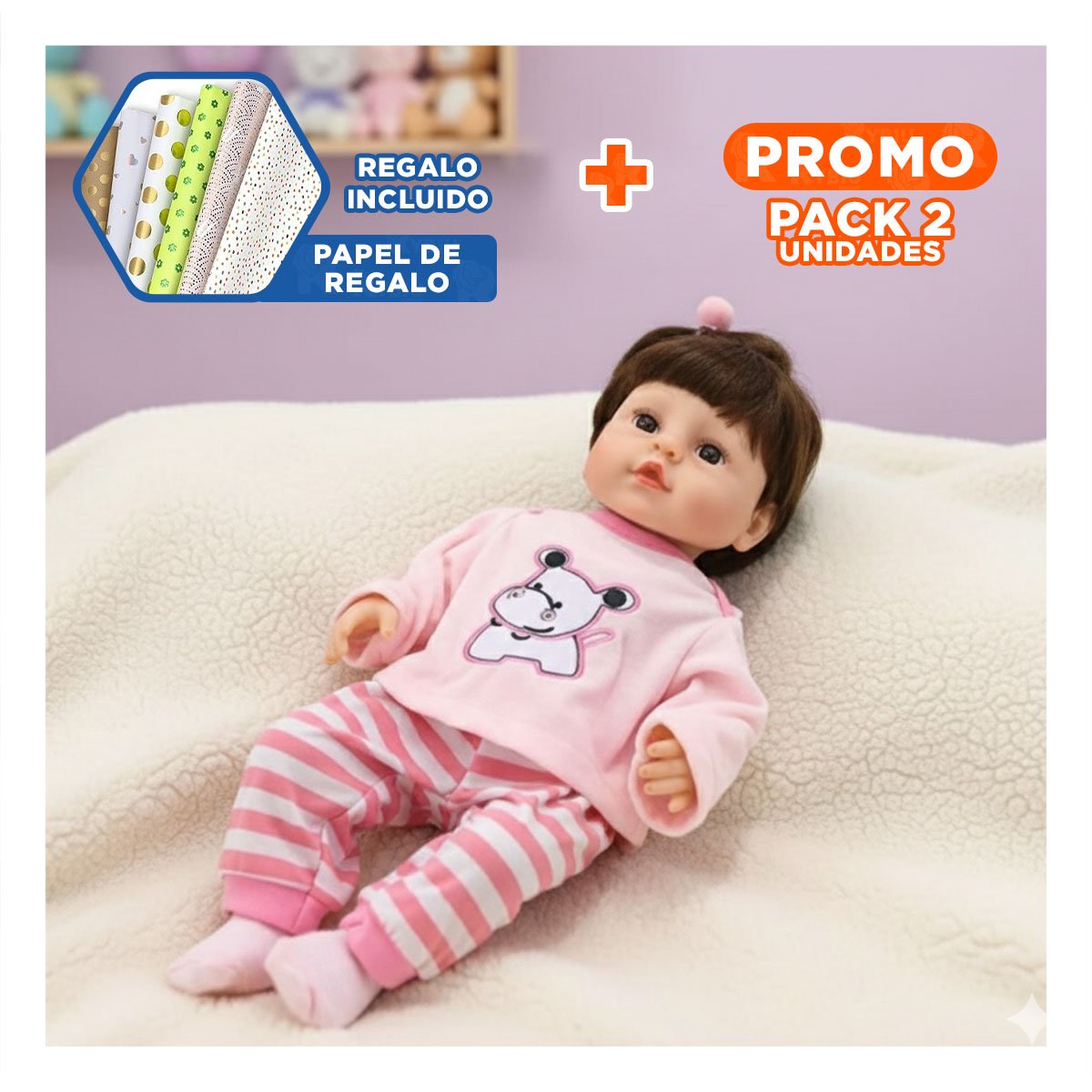PACK2 PRENDA CASUAL BEBE HIPO ROSADO CON PANTALON A RAYAS Y+PAPEL REGALO - 1