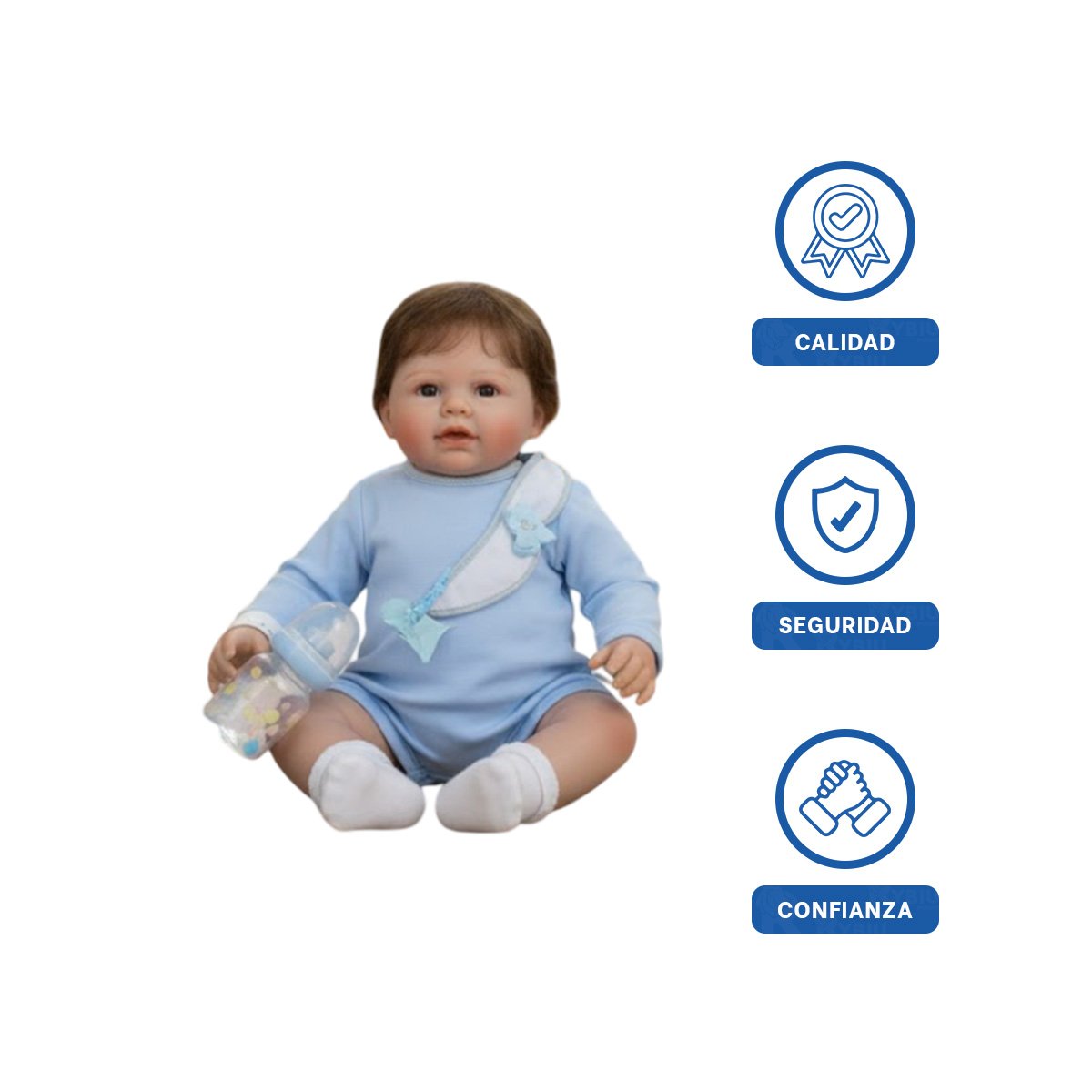 PEQUEÑO COMPAÑERA 60CM CON PIJAMA Y BABERO CELESTE FELICIDAD PARA HIJOS Y+LIGAS REGALO - 3