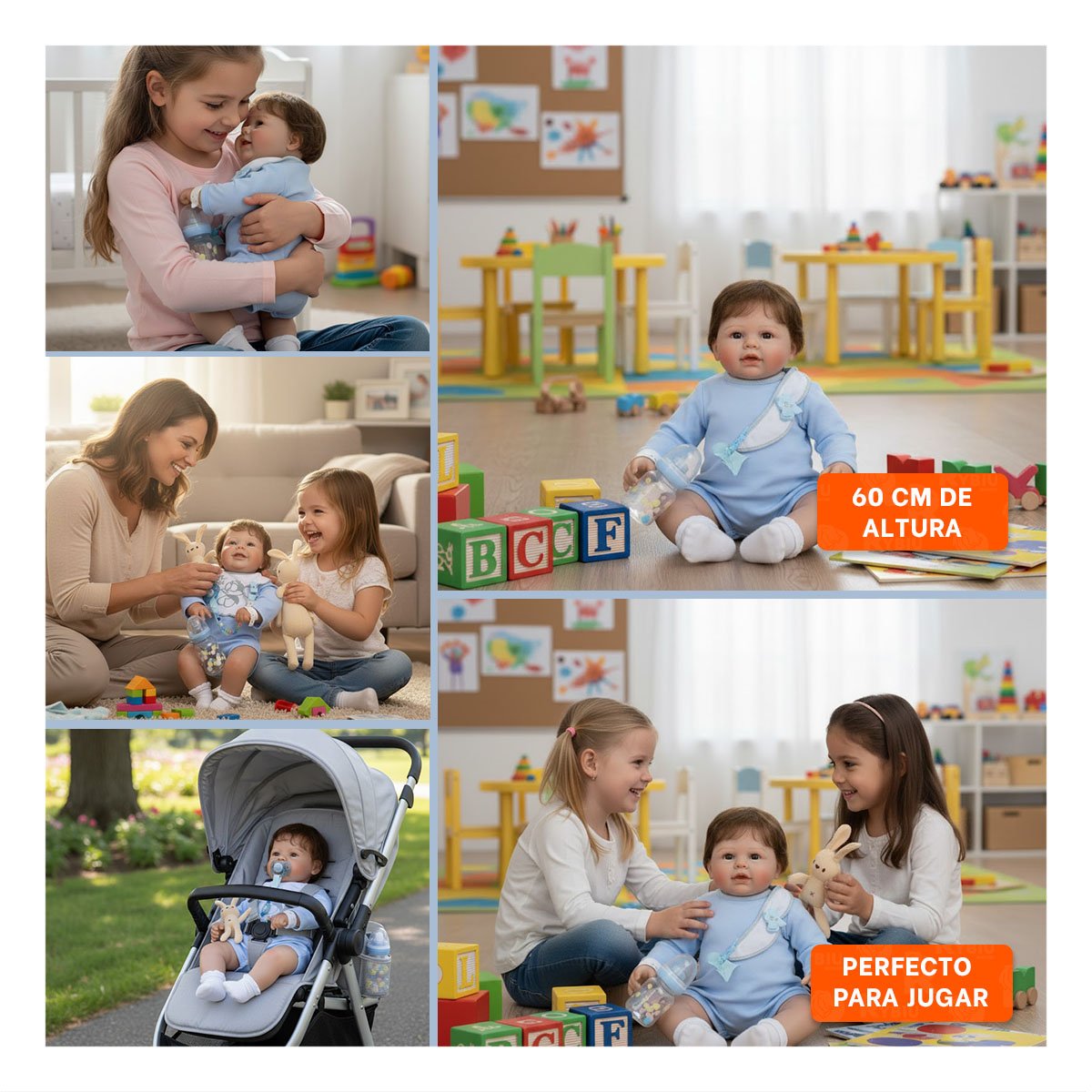 PEQUEÑO COMPAÑERA 60CM CON PIJAMA Y BABERO CELESTE FELICIDAD PARA HIJOS Y+LIGAS REGALO - 5