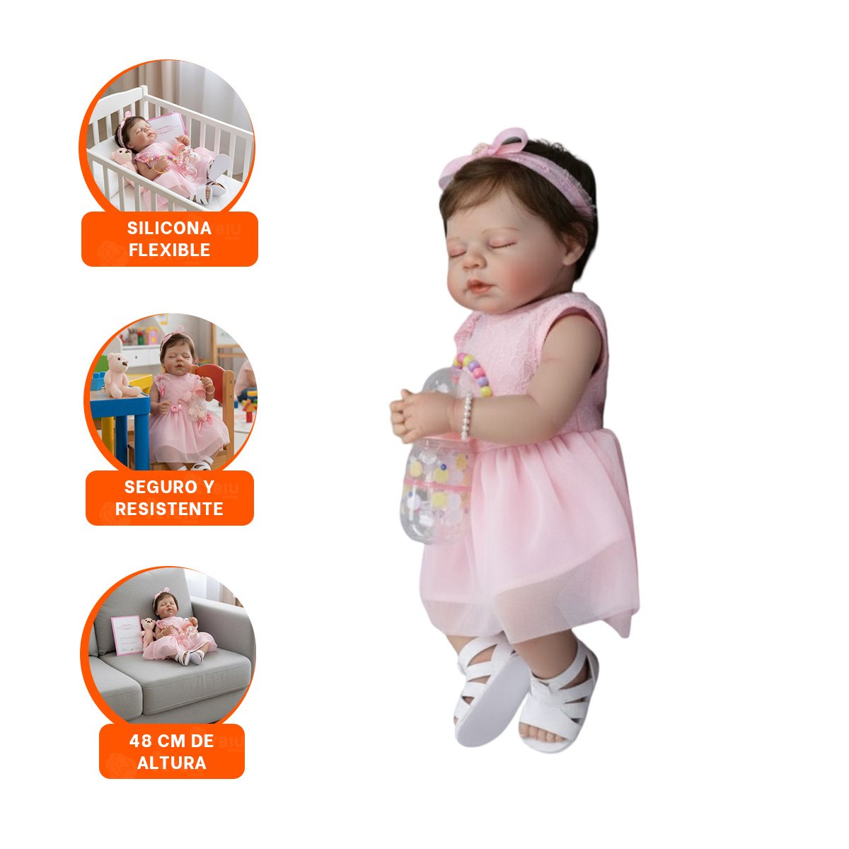 MUÑECA REALISTA 48CM CON VESTIDO TULL Y VINCHA ROSADO PARA SU COLECCION - 3