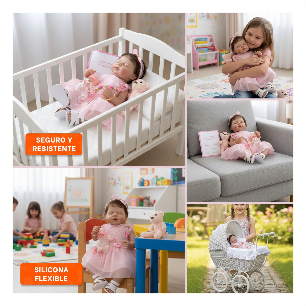 MUÑECA REALISTA 48CM CON VESTIDO TULL Y VINCHA ROSADO PARA SU COLECCION - 5