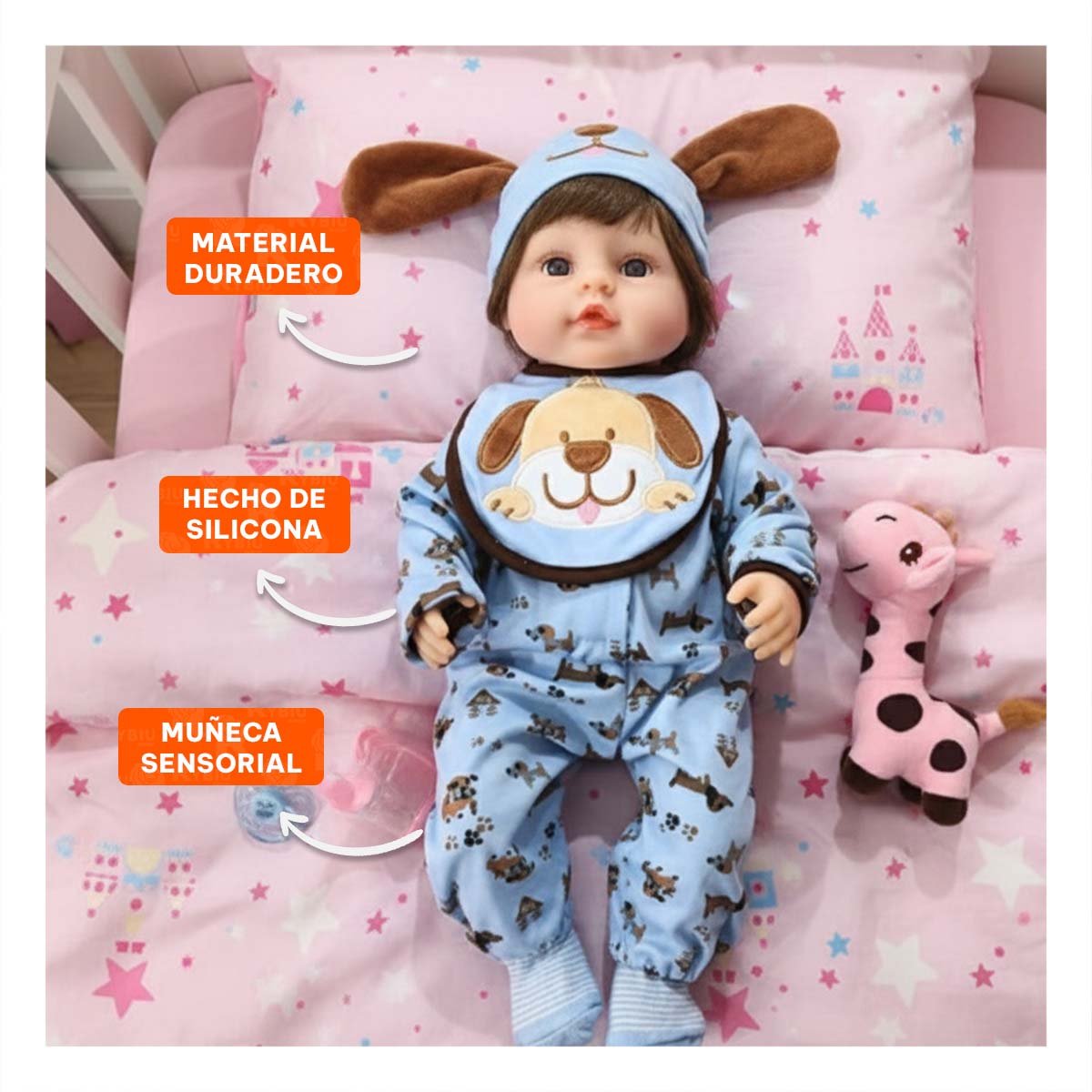 ROPA BEBE CELESTE ABRIGADORA CON GORRO PERRO BABERO Y ESTAMPADO Y+POST IT - 2