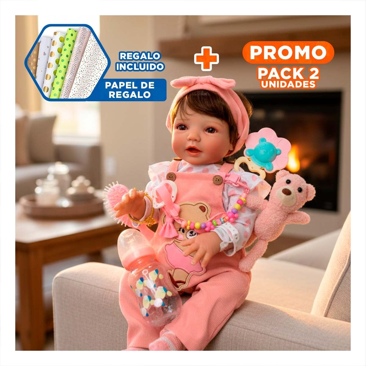 PACK2 PEQUEÑA COMPAÑERA 48CM CON OVEROL Y POLO PUNTOS ROSADO PARA LOS PADRES Y+PAPEL REGALO - 1